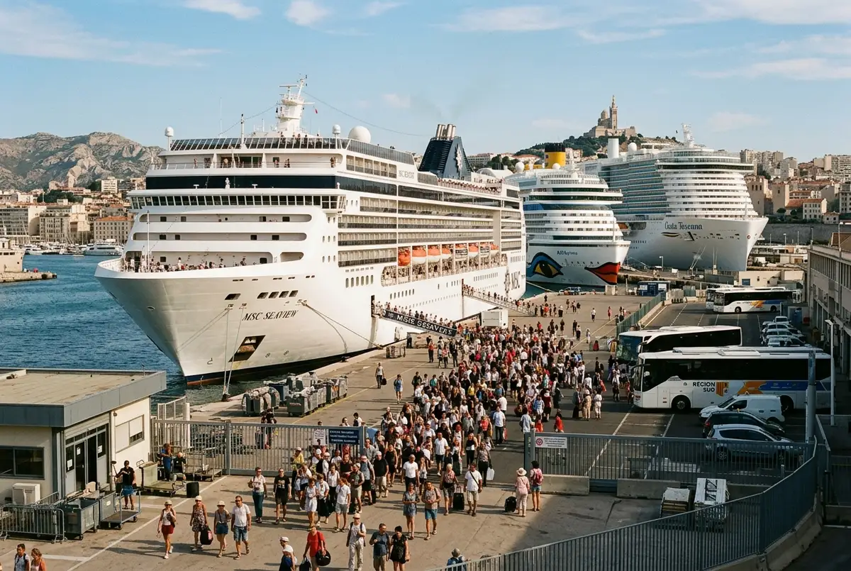 Several cruise ships of different sizes docked at once in the Marseille port on a busy port call day with passengers disembarking
