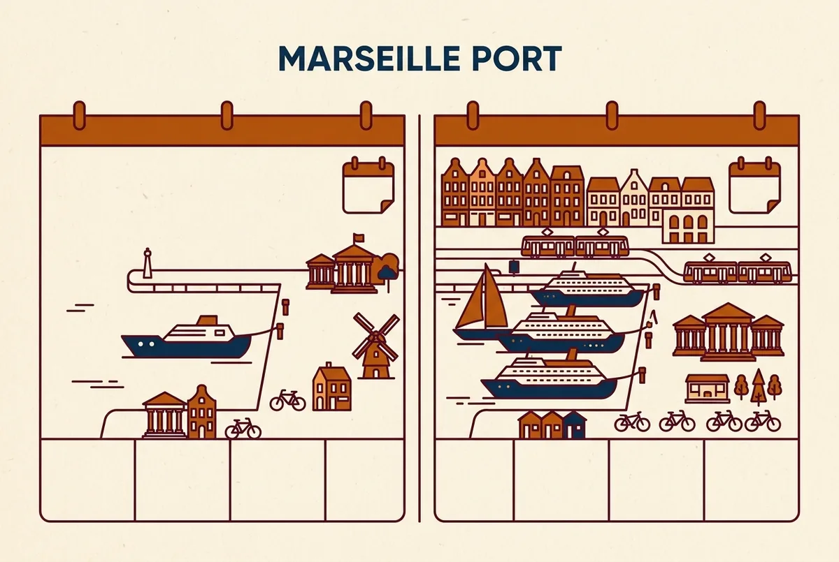 Simple calendar style graphic showing a quiet single ship day compared with a busy multi ship day at the Marseille cruise port