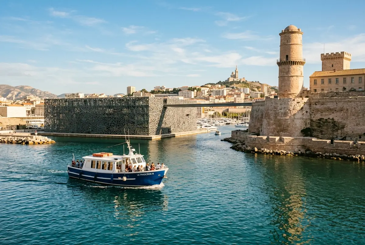 Small tour boat cruising past the Mucem museum and Fort Saint-Jean at the entrance to Marseille's Old Port harbor on a sunny afternoon