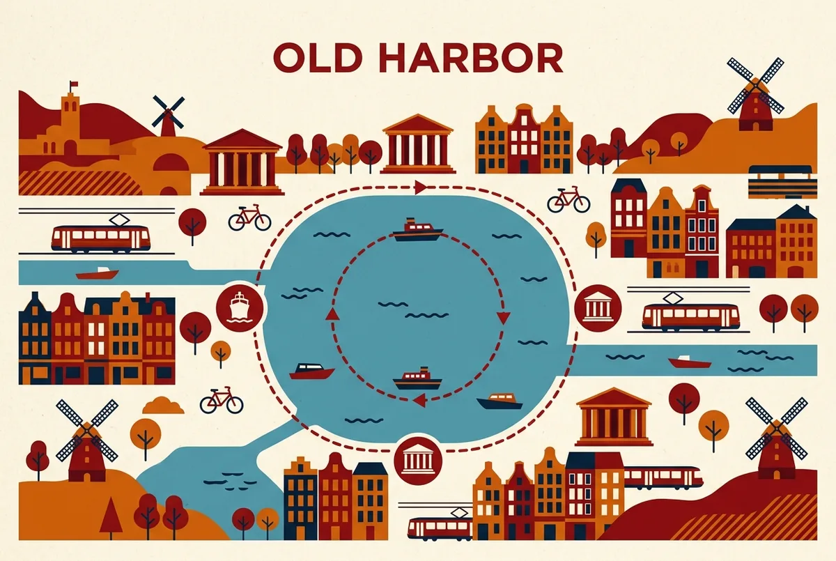 Flat infographic showing a short boat loop route around Marseille's Old Port harbor with icons for the Mucem, Fort Saint-Jean and the Palais du Pharo
