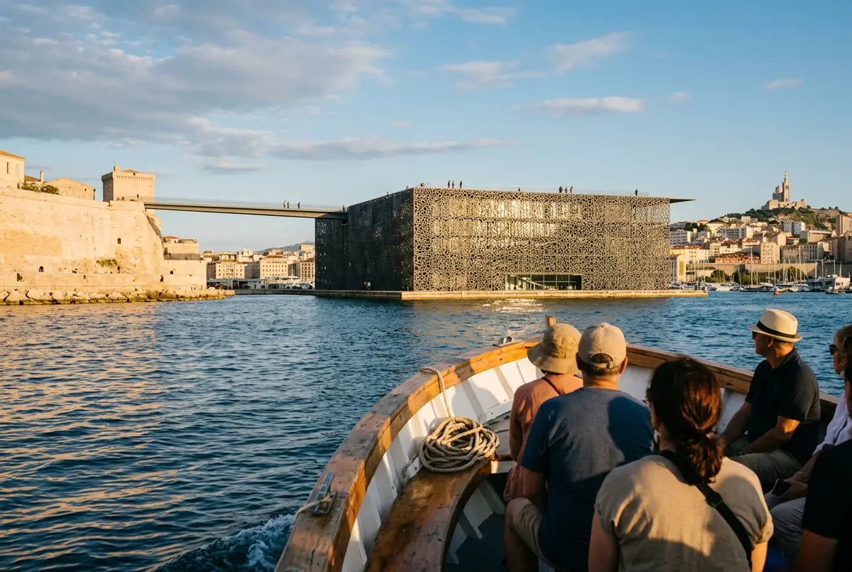 View from a small tour boat of the Mucem's lattice concrete facade beside the stone walls of Fort Saint-Jean at the entrance to Marseille's Old Port