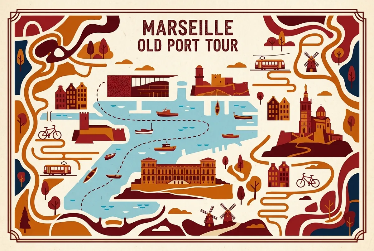 Illustrated mini map marking five landmarks visible from a Marseille Old Port boat tour: the Mucem, Fort Saint-Jean, the Palais du Pharo, Notre-Dame de la Garde and the Pointus boats