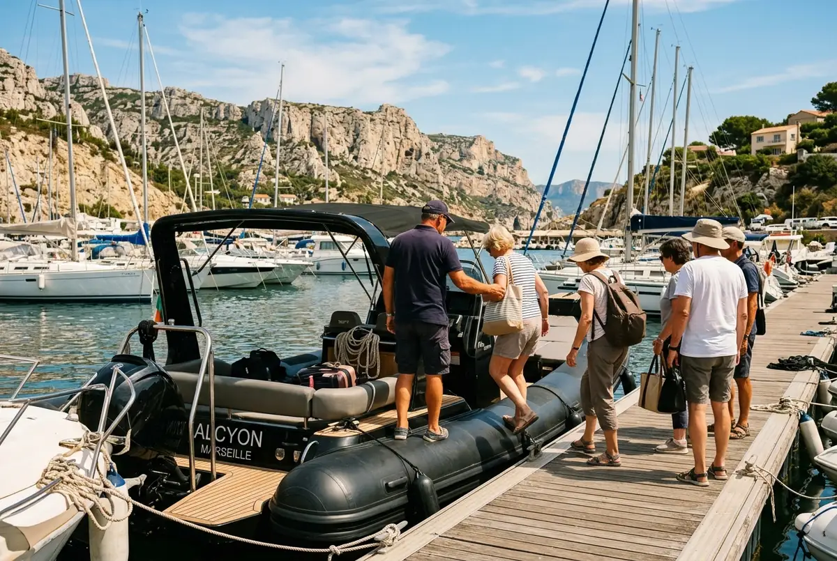 Small group boarding a private semi-rigid charter boat with a skipper at a Marseille marina at midday with the Mediterranean coastline behind them