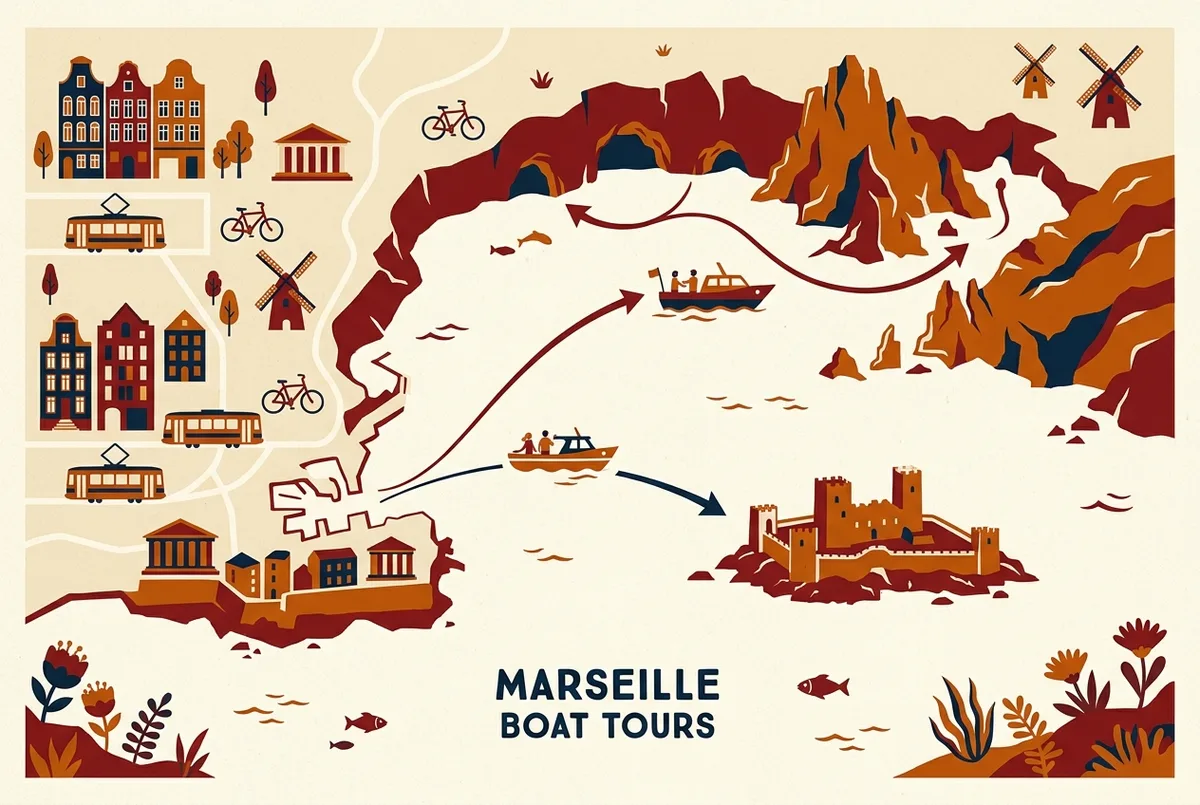 Map illustration comparing two private charter boat routes from Marseille, one heading to an island fortress and the other along a rugged northern coastline with sea caves
