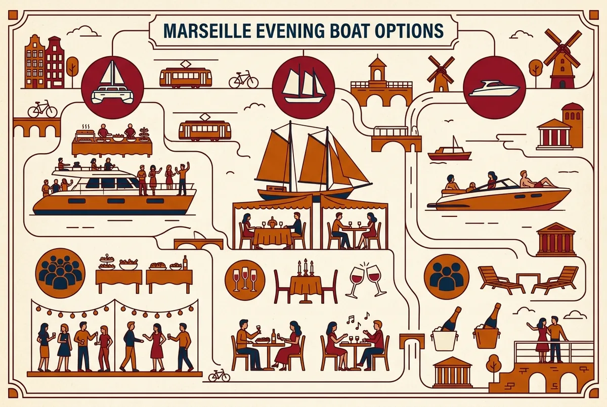 Flat infographic comparing three Marseille evening boat options, a large buffet catamaran, a smaller dinner schooner and a private charter boat, each with a simple icon