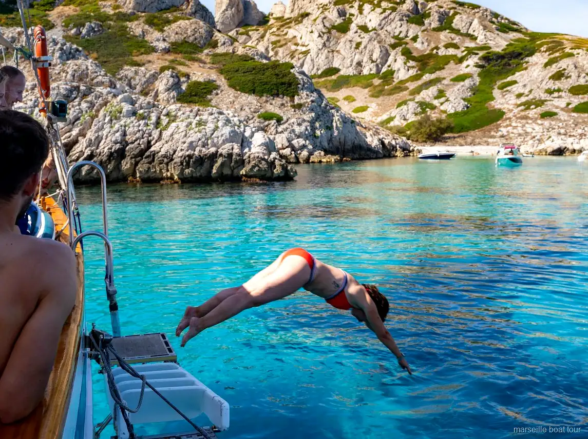 Swim stop near the Frioul Islands on the Marseille sunset sailing cruise